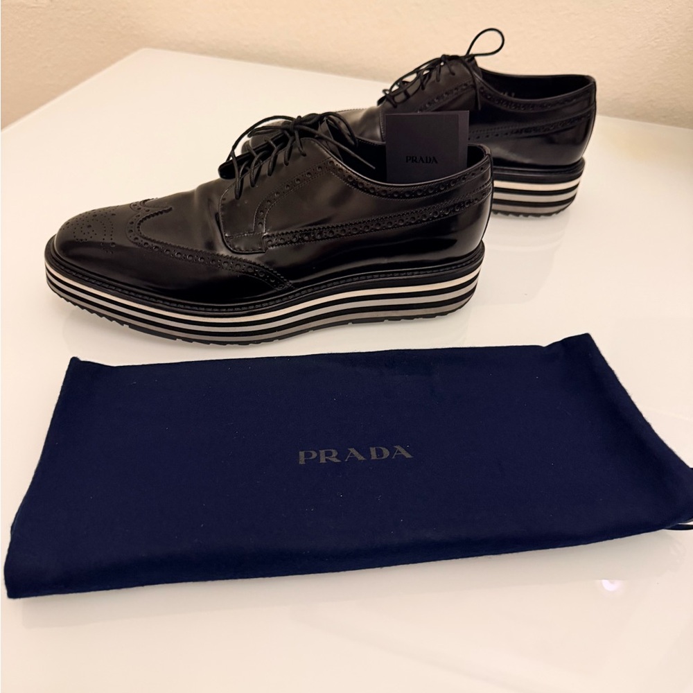 Prada Men's Black Leather Platform Brogues